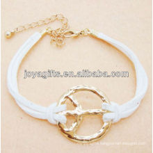 White leather cord with peace alloy bracelet